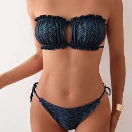 2026跨境新款欧美波点褶皱比基尼绑带抹胸性感度假分体泳衣套装