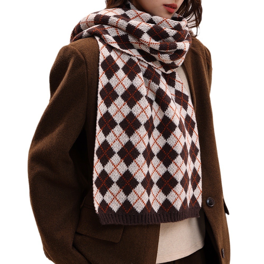 Sciarpa lavorata a maglia autunno inverno nuova con griglia a rombi, collo spesso e caldo, versatile per coppie, morbida_voghion.com