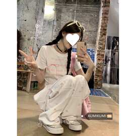美式复古蝴蝶结满印伞兵裤女2024春夏阔腿潮抽绳褶皱工装休闲长裤