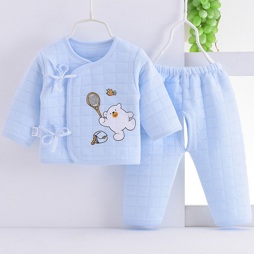 Newborn three-layer thermal underwear quilted spring, autumn and winter baby clothes monk clothes baby pure cotton two-piece suit