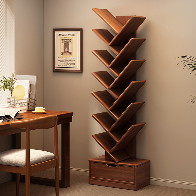 Estantería de madera maciza Estante de piso en forma de árbol creativo Estante de almacenamiento de sala de estar para el hogar Estante para libros de esquina Armario de almacenamiento para niños
