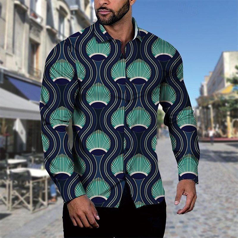 Cross-Border European and American Fashion Geometric Print Long-Sleeved Shirt Amazon New Style