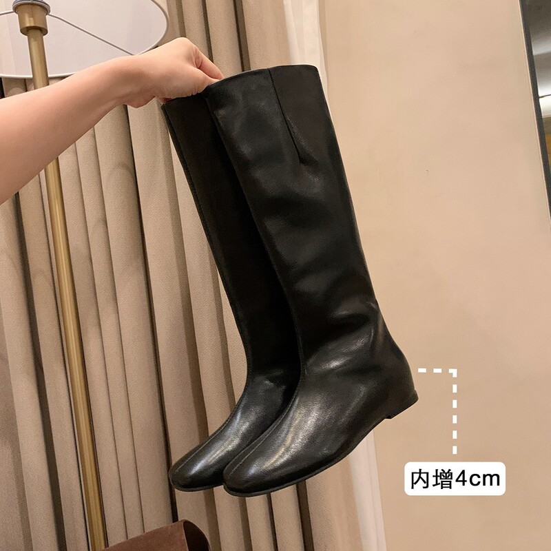 Grape Mom's Autumn and Winter Boots with 4cm Hidden Height Increase~ Versatile Square-Toed Flat Mid-Calf Boots for Women, Available for Cross-Border Shipping