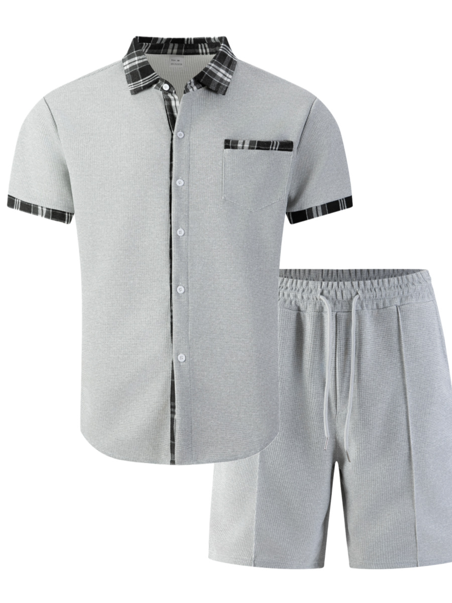 Men's Breathable Waffle Plaid Patchwork Cardigan Shirt And Shorts Set Short Sleeved Casual Suit_viptrois.com