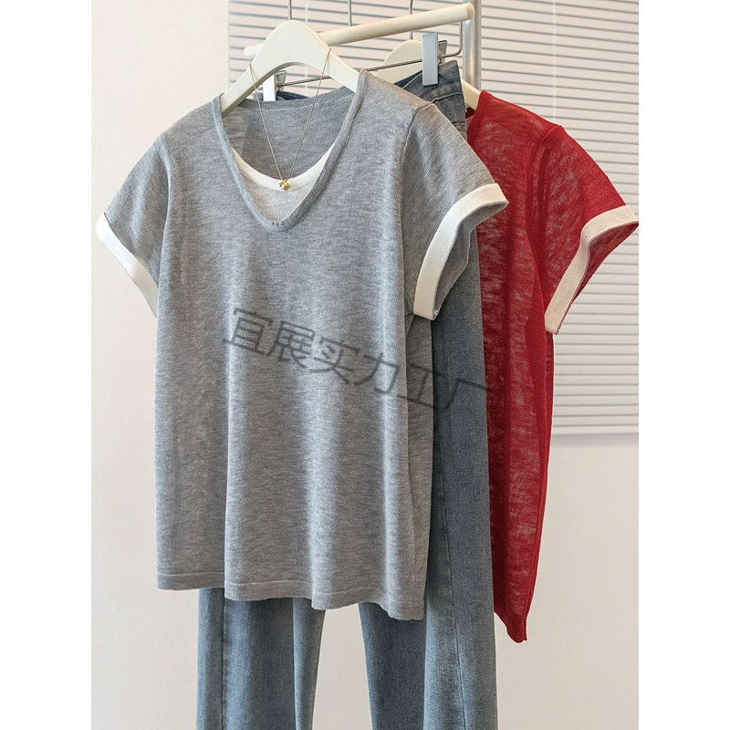 夏季大码气质显瘦短袖针织衫百搭简约休闲风撞色假两件上衣女