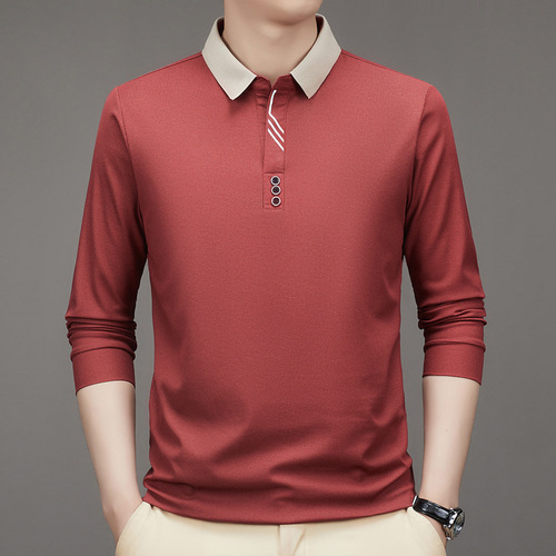 Men's Short Sleeve Autumn Long Sleeve Polo Shirt Business Shear Collar Fitted Solid Color Collar Base T-shirt Men
