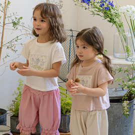 2025夏款草莓珊韩国女童女孩儿童复古纯色贴布4色短袖舒适T恤现货