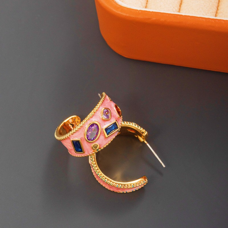 1 Pair Retro Color Block Enamel Plating Inlay Copper Glass Hoop Earrings display picture 3