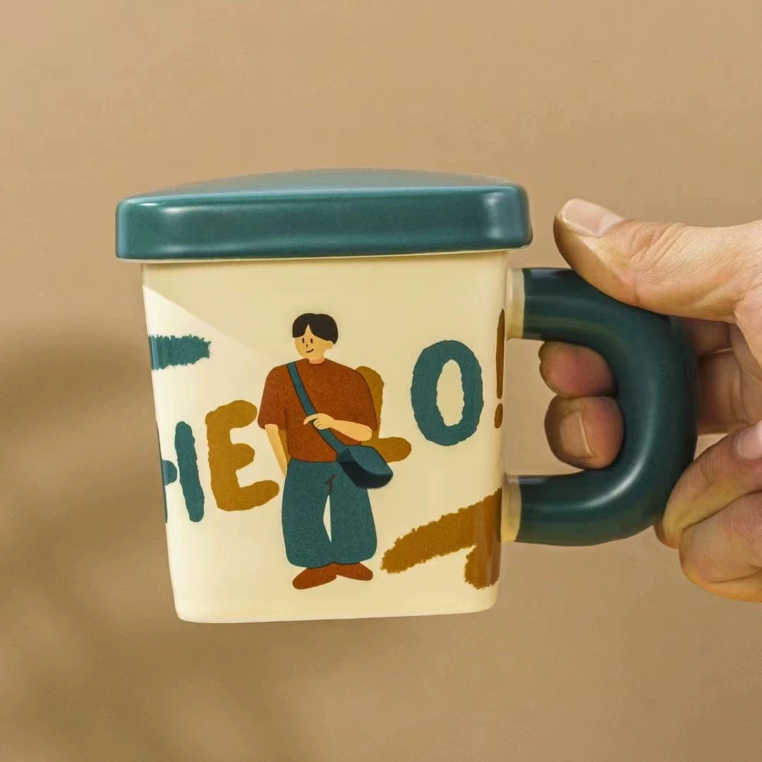 DIY кремовый клей квадратная пара кружка ceramic пара чашка с крышкой подарок милый ретро мальчик и девочка