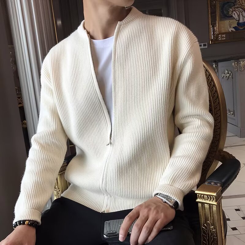 2025 Autumn New Knitted Cardigan Jacket Retro Sweater Zipper Jacket Plaid Casual Solid Color Boys Style