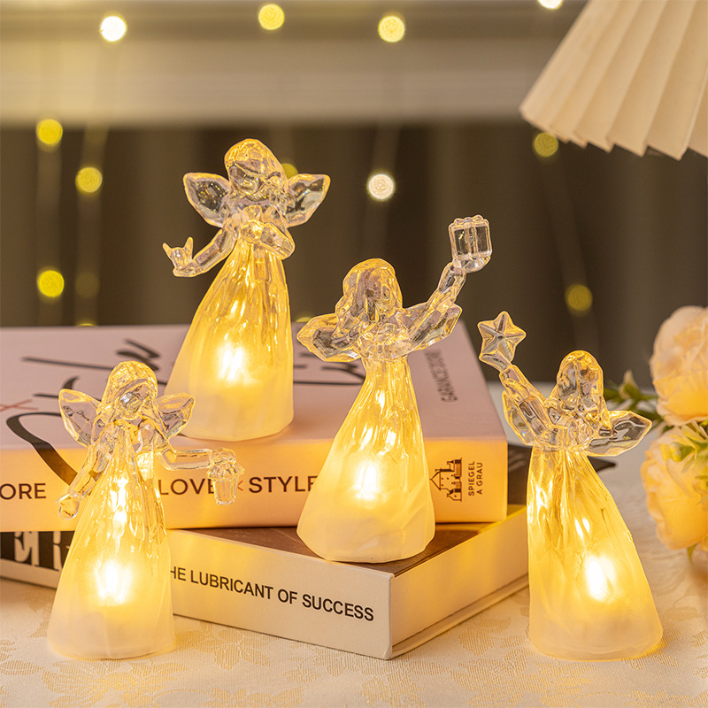 跨境新款LED发光小天使塑料仿水晶天使摆件圣诞装饰天使小夜灯