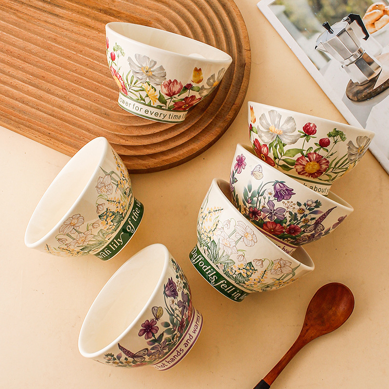 Orquídea de campana feliz lujosa doméstica ins viento cubiertos de arroz de pies altos tazón de fideos tazón de cerámica tazón de arroz de 5 pulgadas simple tazón