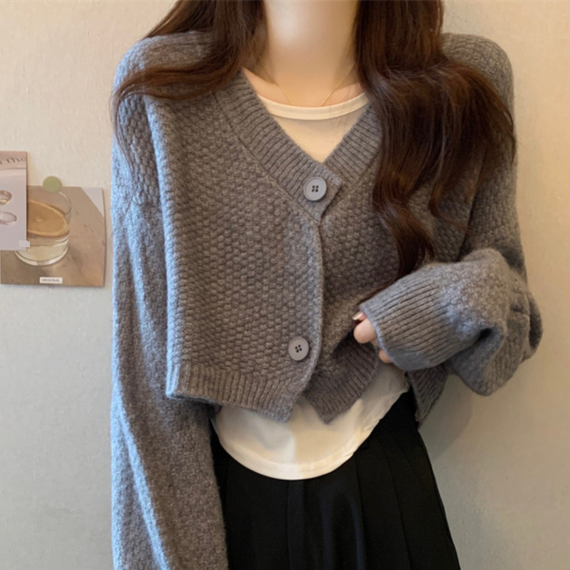 V-Neck Knitted Cardigan for Women in Early Autumn, Short High-Waisted Sweater Jacket, Miu Classy Bottoming Top Set