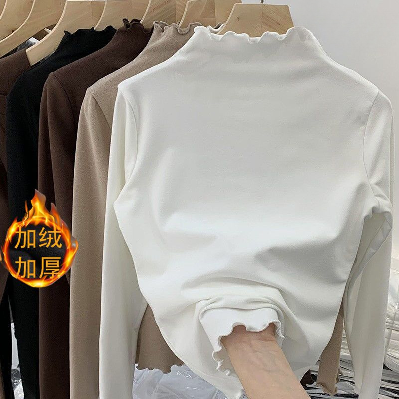 2024 가을과 겨울 새로운 양면 벨벳 나무 귀 긴 소매 바닥 여성 기모 따뜻한 세미 하이 칼라 탑 T