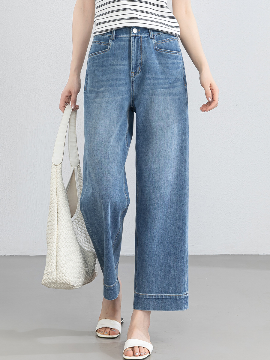 Quần tây nữ ống đứng cạp cao co giãn vải Lyocell denim dáng suông — xanh lam