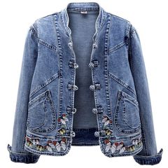 春秋の新しいデニムのコートの女性の短いモデルはレトロな中国風の刺繍の弾力性のジャケットの修身の上着の潮に合います。