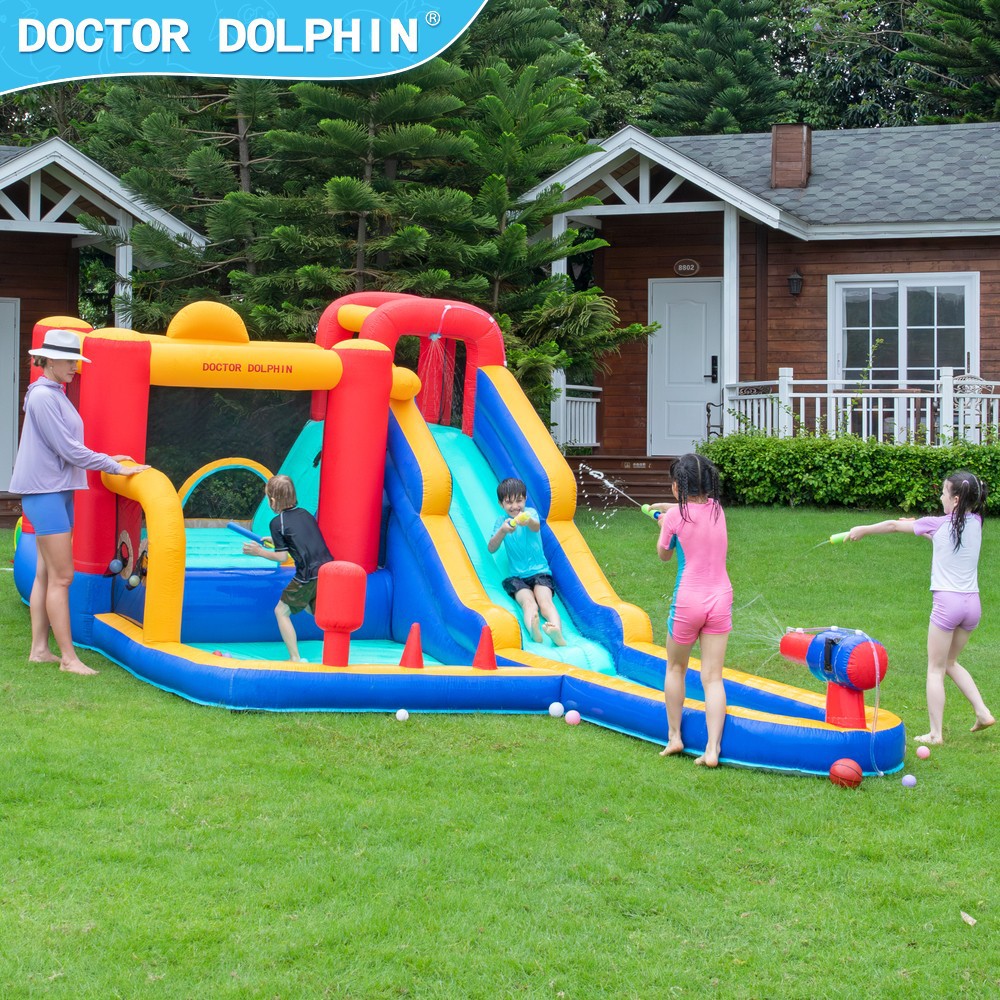 Dr. Dolphin | Casa para niños, castillo pequeño, tobogán inflable, parque infantil al aire libre, castillo de chorro de agua inflable, trampolín
