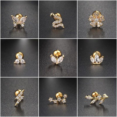 new pattern zircon Geometry puncture Bone nail stainless steel Pellet Screw Ear Studs Cross border Jewelry