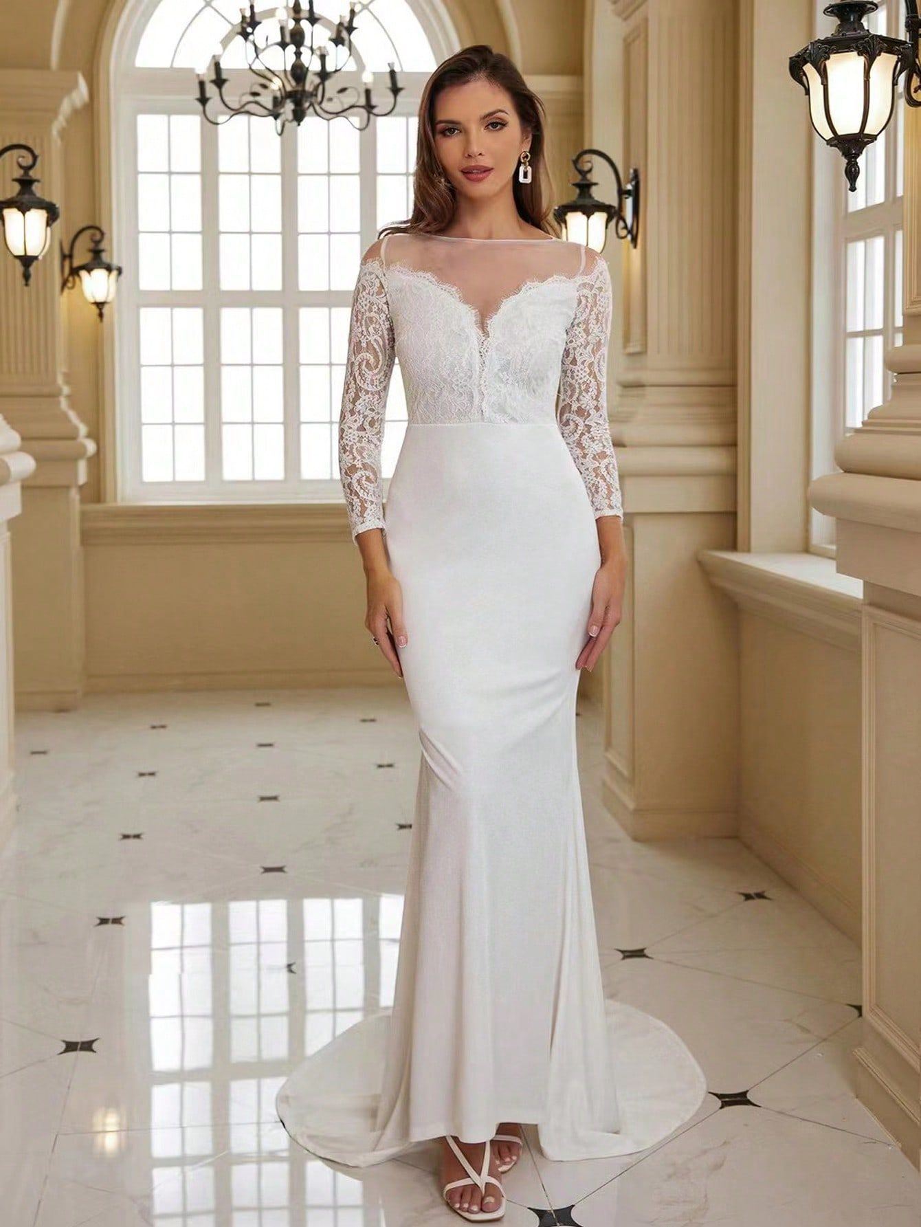 Vestido de etiqueta grande vestido europeo y americano de mangas largas de encaje cola blanca vestido de boda largo otoño invierno
