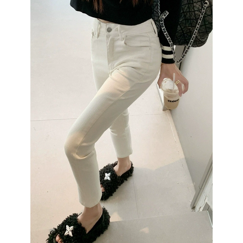 Белые прямые джинсы-багеты с высокой талией для женщин, весна и осень, облегающие, универсальные, укороченные узкие брюки-сигареты для миниатюрных фигур.