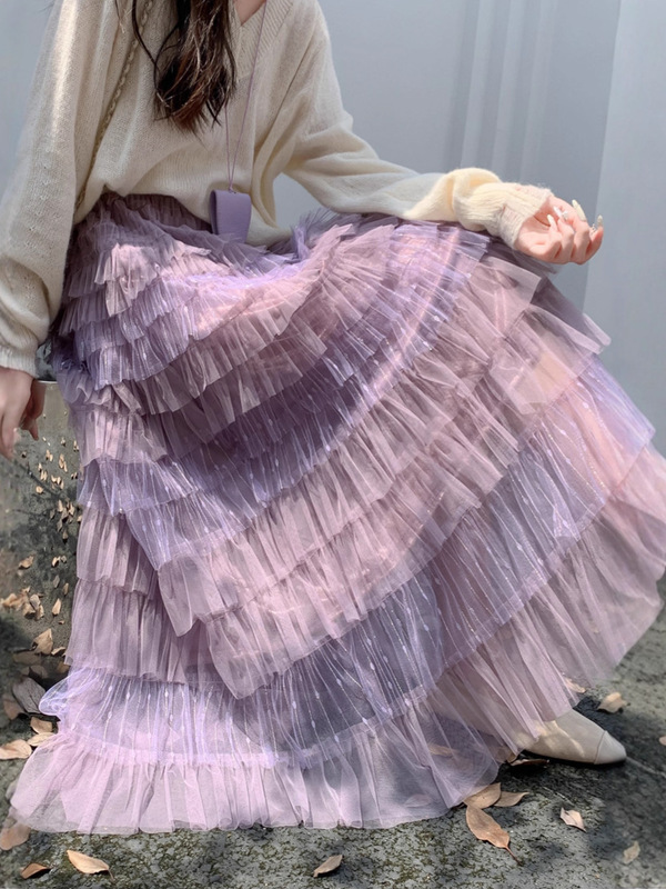 仙气重工紫色渐变网纱蛋糕裙半身裙女秋长款设计感显瘦大摆长裙|undefined
