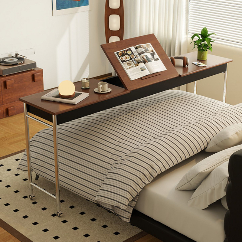 Smart Island Bed-Side Table, Vintage Solid Wood Bed Table, Home Movable Desk, Bedroom End-Of-Bed Lazy Computer Long Table