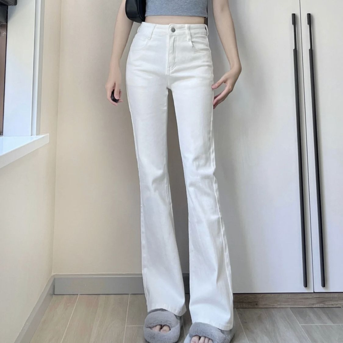 纯白色微喇叭牛仔裤女高腰提臀显瘦阔腿喇叭裤2025年夏季新款微弹