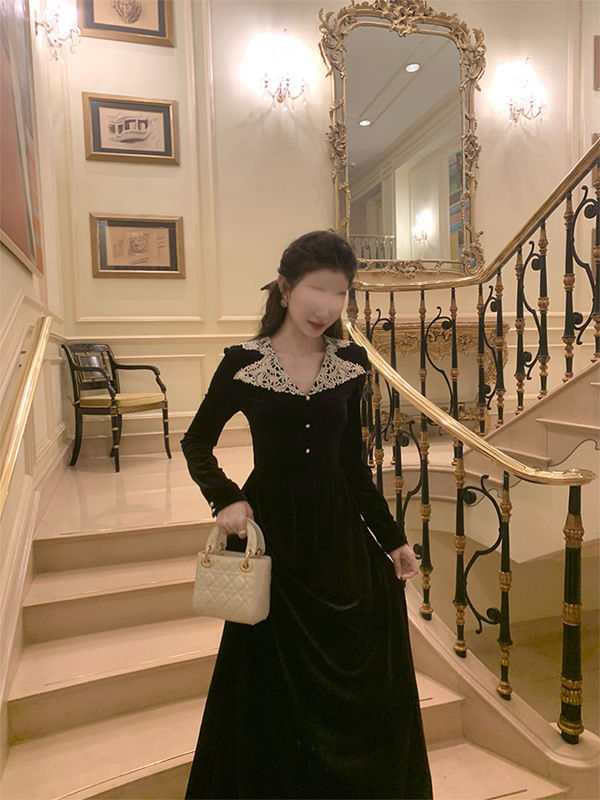 EIA一尧【初见莉莉安】法式连衣裙秋赫本风温柔优雅气质丝绒长裙|undefined