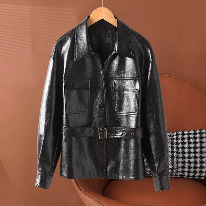 Cross-border 2026 Autumn Korean Style Black Slim-Fit Leather Jacket for Women, New Fashionable Streetwear Jacket with Stand Collar, Trendy Top Cross-border 2026 Autumn Korean Style Black Slim-Fit Leather Jacket for Women, New Fashionable Streetwear Jacket with Stand Collar, Trendy Top