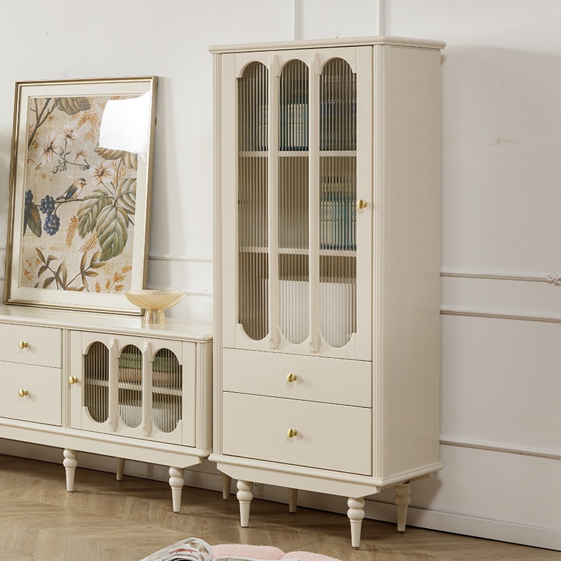 Light luxury cream style bookcase home modern minimalist solid wood storage cabinet with glass door living room French Wall showcase