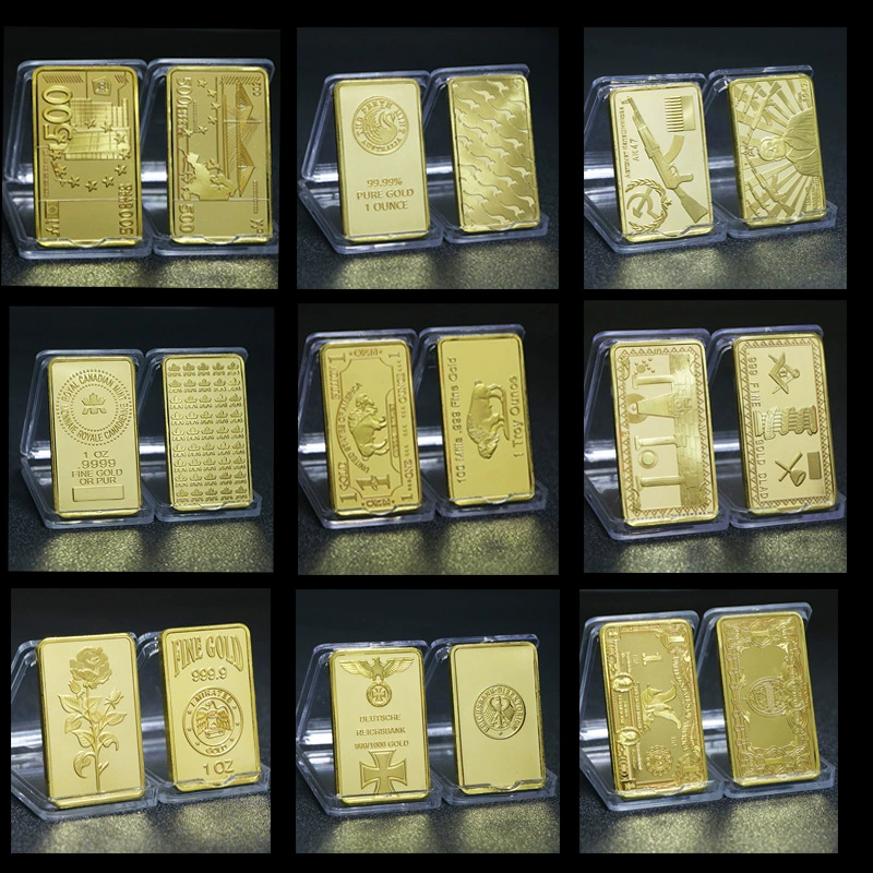 Foreign Currency Collection Gold Bars, Gold-Plated Blocks, Special-Shaped Coins, American, German, European Commemorative Coins, Square Commemorative Blocks