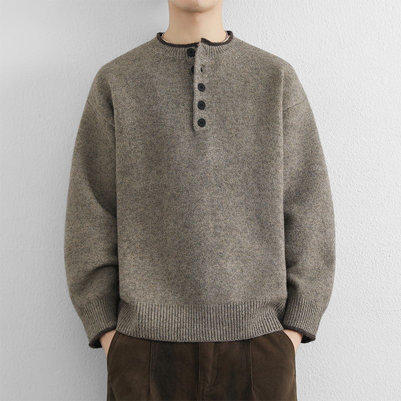 High-End Henry Collar Knitwear Men's Autumn and Winter Long-Sleeved Contrasting American Lazy Style Thickeneded Knitwear Bottoming Knitwear