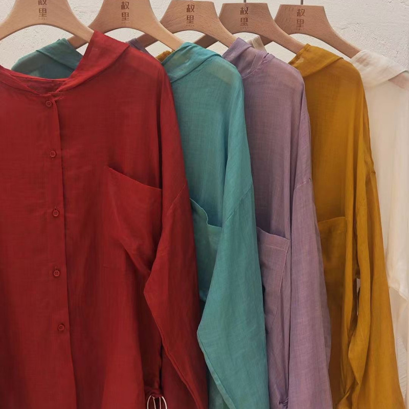 Summer Simple Solid Color Hooded Ramie Shirt All-Match Thin Single Pocket Sunscreen Jacket Top
