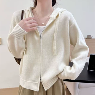 秋冬2026新款韩版双头拉链连帽毛衣女短款小个子气质长袖上衣外套