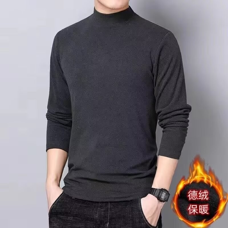 Fabricante de origen camiseta de manga larga de terciopelo de doble cara para hombre otoño e invierno de terciopelo alemán con cuello medio, ropa de otoño de color sólido, camisa de fondo de cuello medio alto