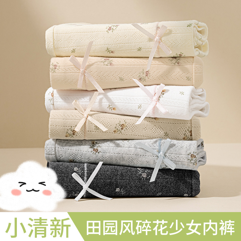 Ropa interior de entrepierna larga "Cream Flower", ropa interior de algodón para niñas, entrepierna antibacteriana, cintura media, nueva ropa interior de mujer sin costuras
