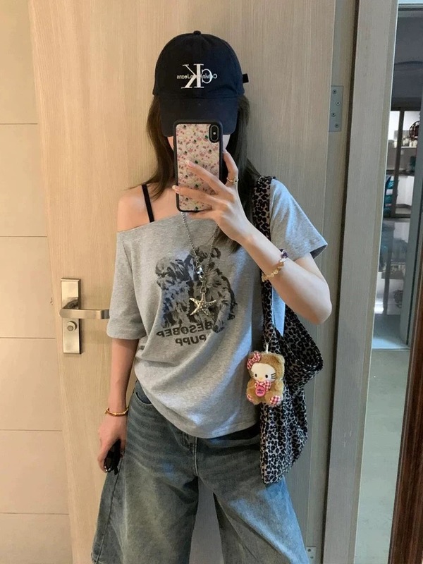 美式复古斜肩纯棉短袖t恤女夏2025新款慵懒风休闲辣妹宽松上衣ins|undefined