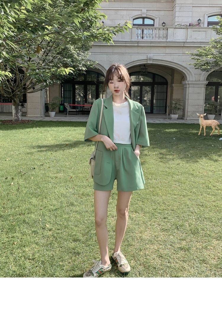 Bộ blazer nữ tay ngắn kèm quần short Hàn Quốc mỏng nhẹ mùa hè — Màu đen [Vải], Cỏ xanh [Vải], Gạo trắng [Vải], Màu hồng [Vải] chi tiết 8