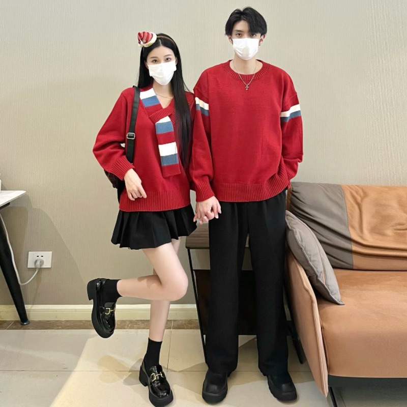 커플 새해 가을 겨울 크리스마스 빨간 니트 스웨터 토스트 두꺼운 스웨터