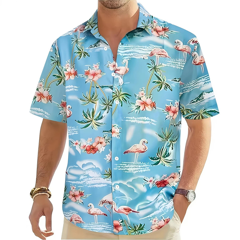 Blue Background with Flamingos and Palm Trees Printed All over Hawaiian Shirt, Summer Cuban Collar Short Sleeves, Loose Casual Vacation Style for Men Blue Background with Flamingos and Palm Trees Printed All over Hawaiian Shirt, Summer Cuban Collar Short Sleeves, Loose Casual Vacation Style for Men