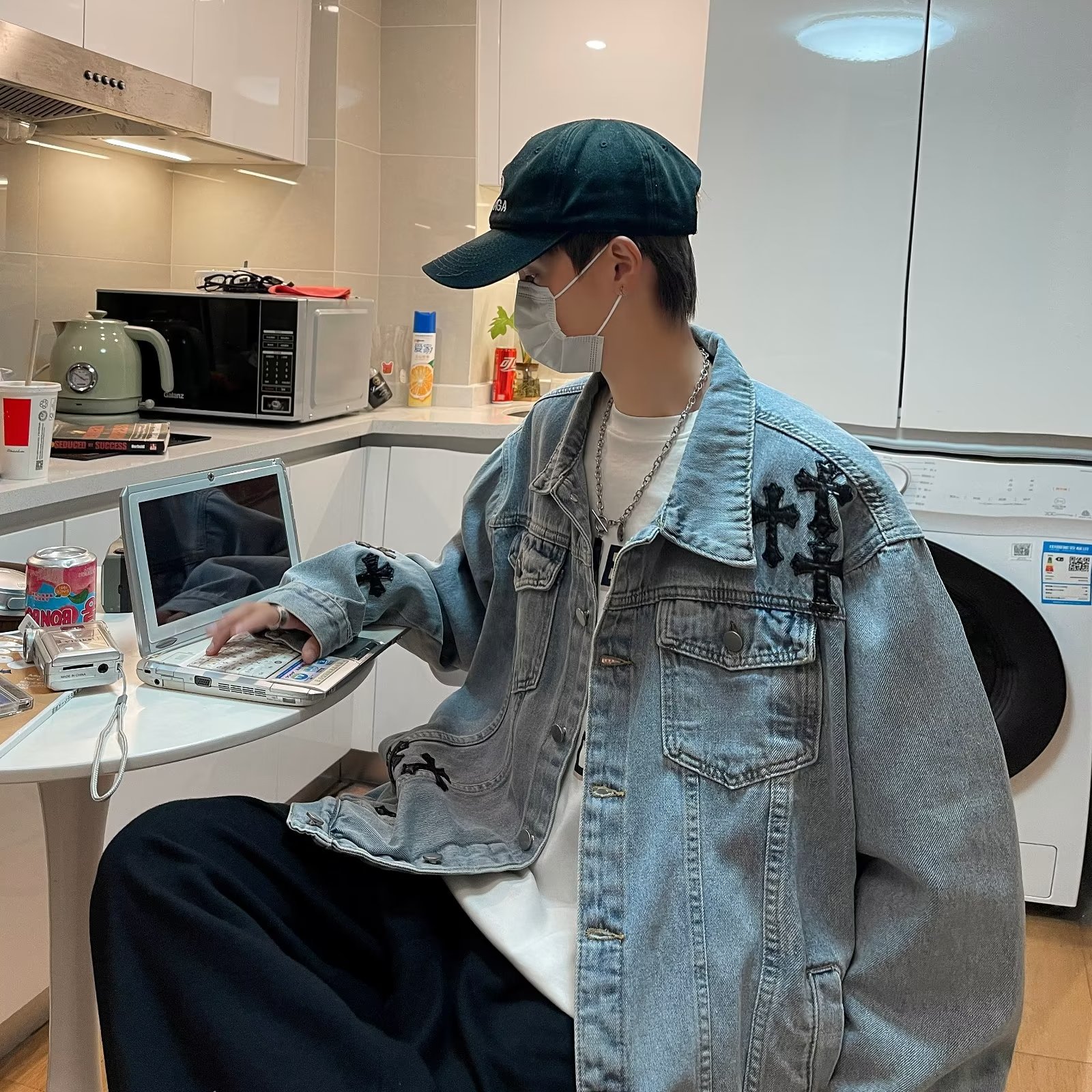 Otoño retro Denim coat hombres de American High Street Fashion Loose Denim chaqueta diseño sentido nicho Cross top