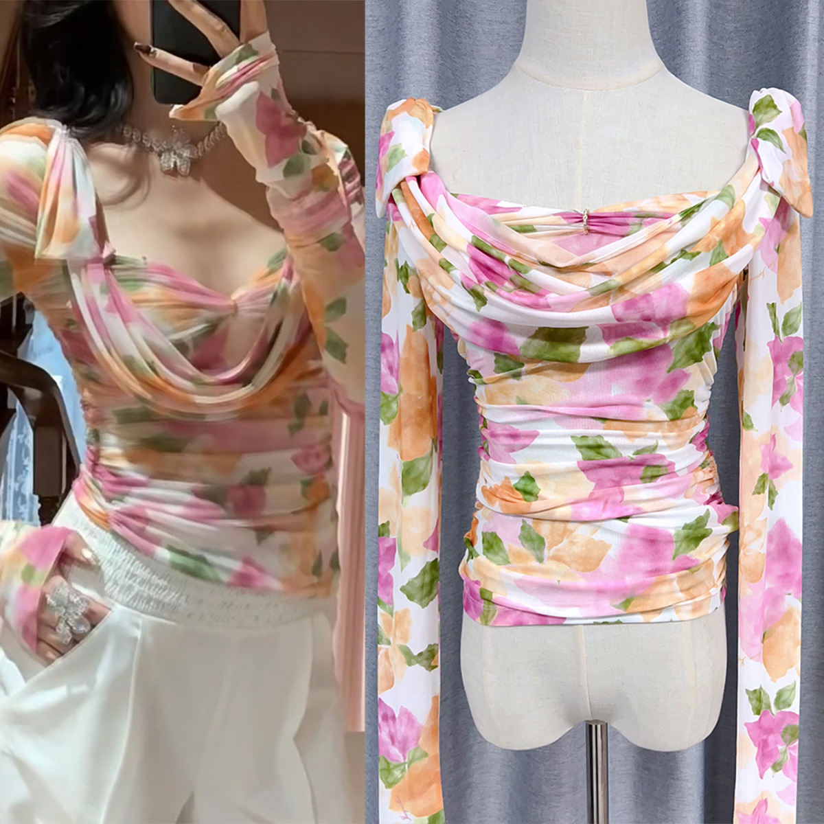 2024 New Beautiful Printed Bow Stretch Top Design Pleated Slim-fit Long-sleeved Base Shirt