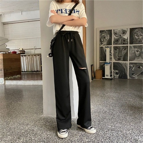 Summer new style ripped sports casual pants summer high waist drapey wide leg pants loose straight leg floor mopping trousers women versatile