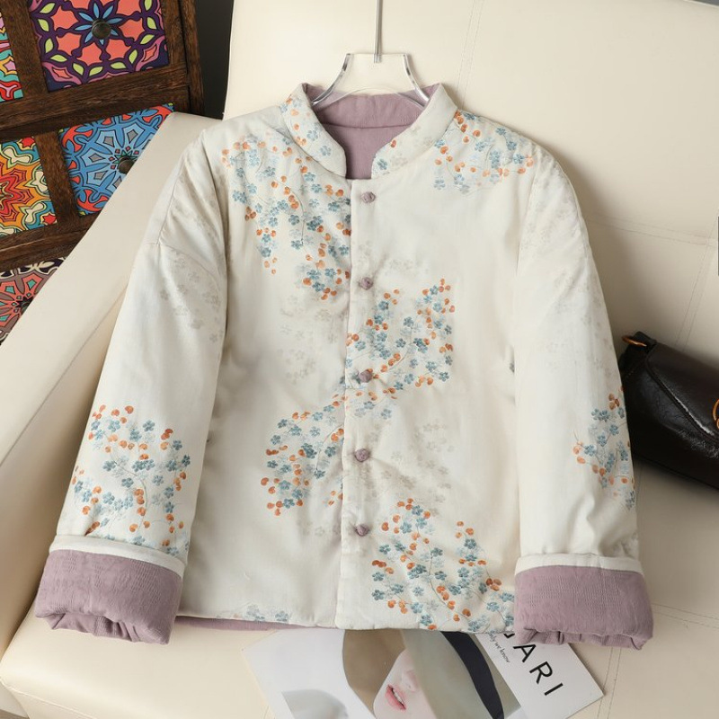 新中式国风棉麻印花夹棉外套女冬季撞色唐装棉服加厚小立领棉衣|undefined