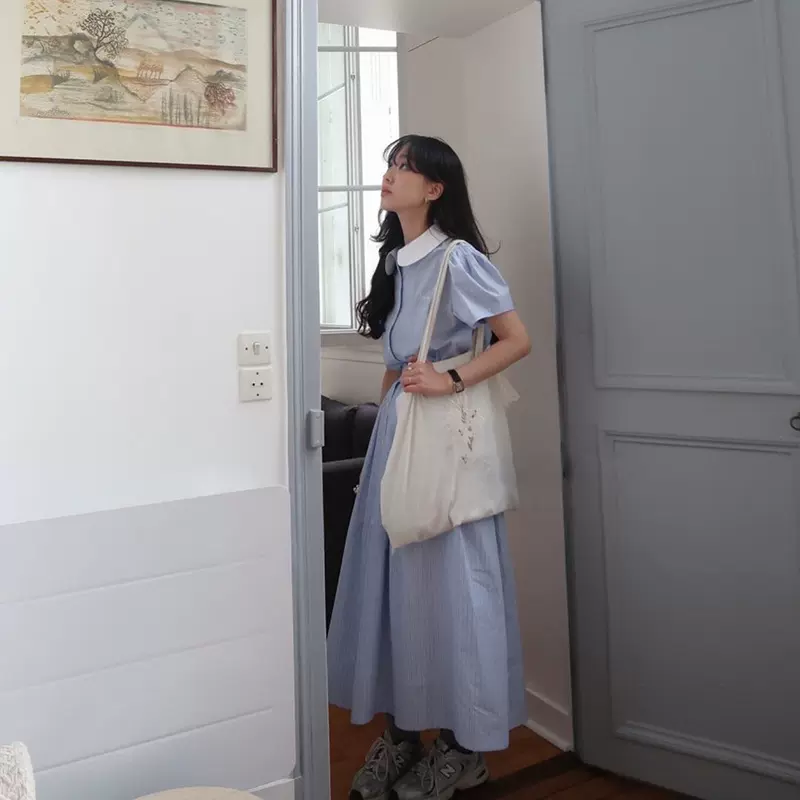 现货 条纹娃娃领短袖衬衫2025韩系东大门春款休闲长裙套装Flet*a