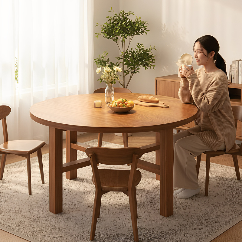 Solid Wood Dining Table New Chinese Style Walnut Color Rental House Small Apartment Living Room Home Table and Chair Combination Rotatable Round Table