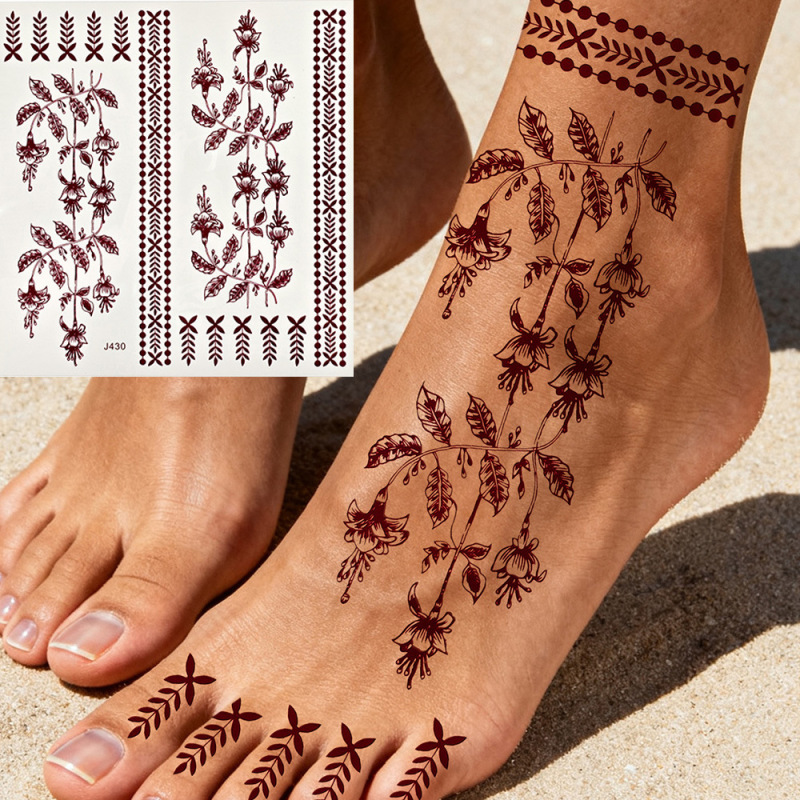 Ethnic Style Henna Tattoo Stickers, Henna Pattern Foot Stickers, Brown and White Dual-Color Body Decoration Temporary Tattoos Ethnic Style Henna Tattoo Stickers, Henna Pattern Foot Stickers, Brown and White Dual-Color Body Decoration Temporary Tattoos