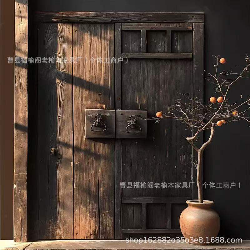 Vintage Wabi-Sabi Style Old Elm Wood Double-Door Entrance Gate for Homestay, Courtyard, Self-Built House, and Traditional Chinese Courtyard House