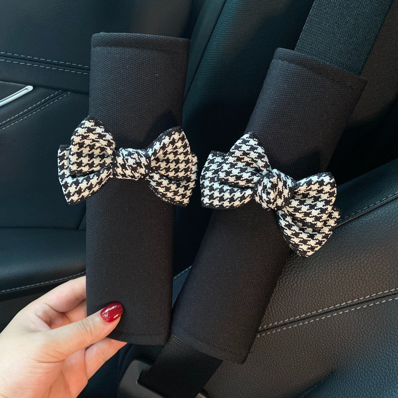 Houndstooth Car Interior Headrest Neck Pillow Women's Winter Cute Car Seat Belt Shoulder Guard Gear Handbrake Cushion