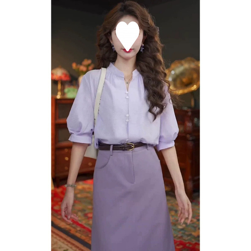 Summer Women's Fashionable and Stylish Outfit for Work and Daily Commuting, Fashionable Light Purple Shirt Paired with a High-End Skirt Summer Women's Fashionable and Stylish Outfit for Work and Daily Commuting, Fashionable Light Purple Shirt Paired with a High-End Skirt